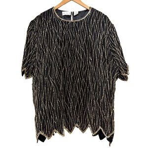 VINTAGE Scala Black Silk Beaded Evening Top Gold Silver Scalloped Hem Plus 3X